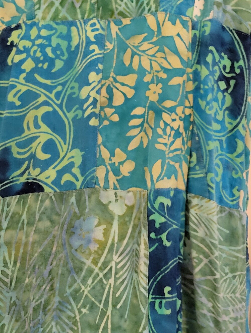 Batik Print Blue and Green Floral Patchwork Sun Dress Size XL Beach Coverup - Picture 7 of 12